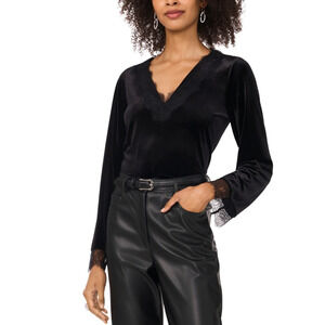Vince Camuto Women Velvet Lace Trim Long Sleeve Top Black Size M